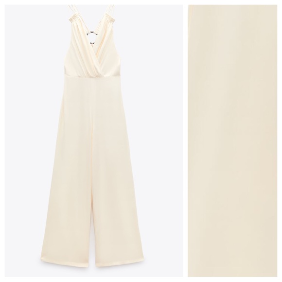 NWT. Zara Cream Crossover Satin Effect Jumpsuit. Size L. - Picture 7 of 13